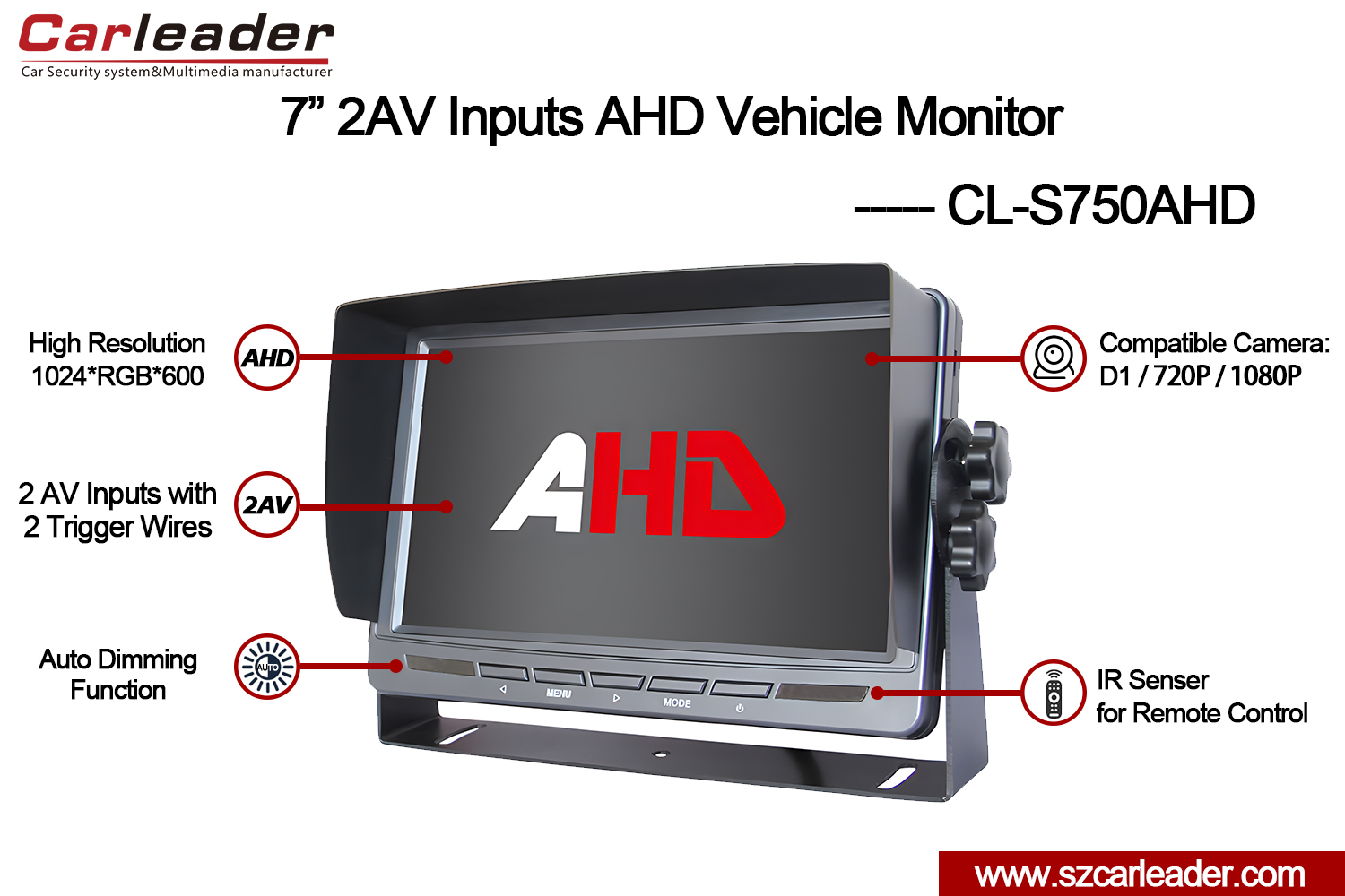 จอภาพถอยหลัง 2AV AHD ขนาด 7 นิ้วสำหรับรถบรรทุก